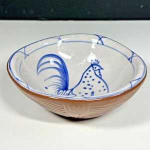 Terracotta Hand Made Painted Bowl White Blue Glazed 5" Rooster Candy Bowl